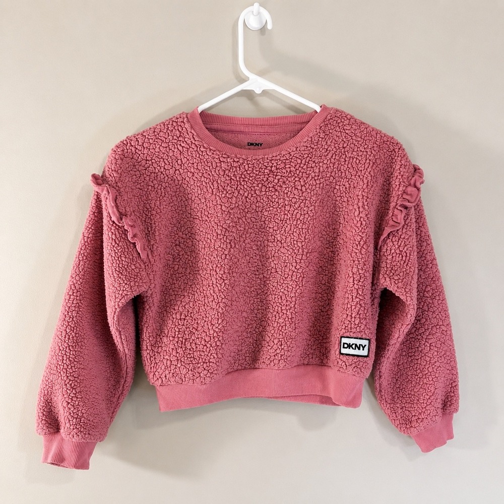 DKNY Girls Pink Sherpa Fleece Ruffle Shoulder Sweatshirt Pullover Size 6X